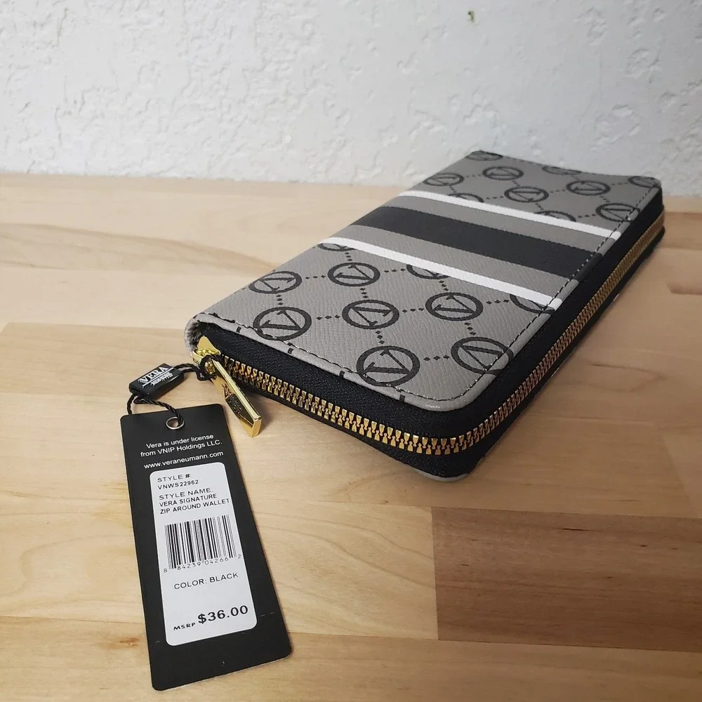 Vera Signature Zip Around Wallet Black And Gray Style VNWS22952 Gold Zipper NEW